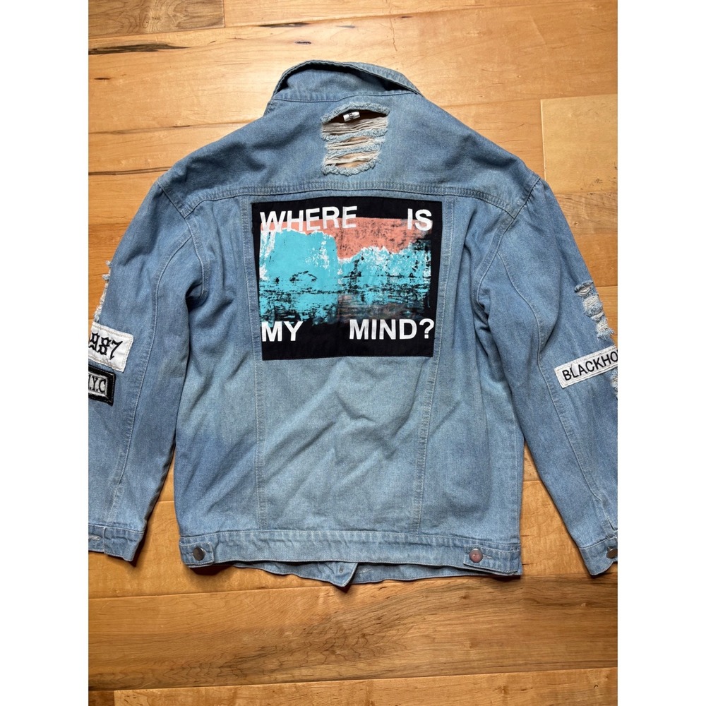 Denim Jacket Blue Distressed Where Is My Mind Graphic Patch Women M